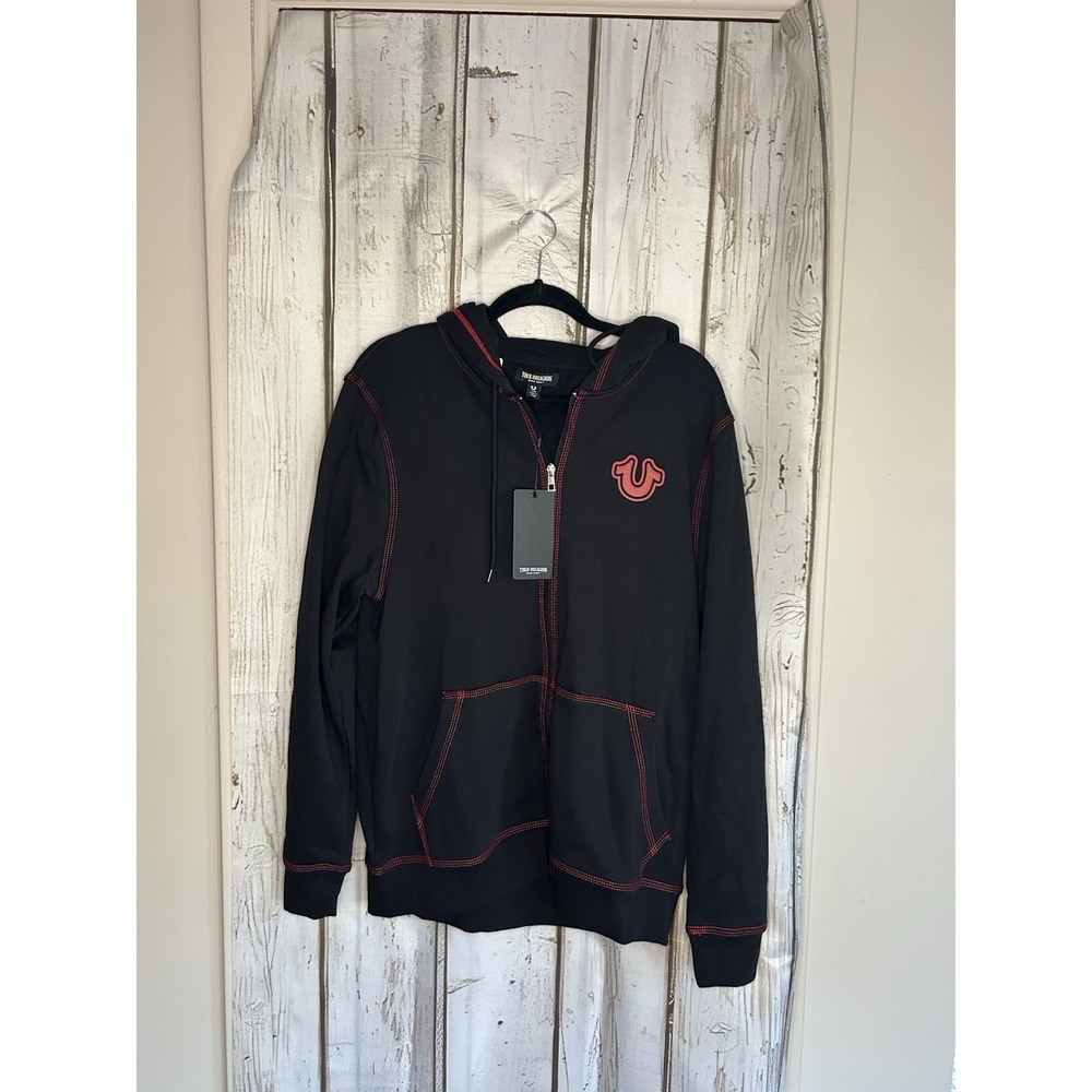 NWT True Religion Full Buddha Zip Hoodie Triple Stitch Black Red Thread Sz L - Picture 2 of 5